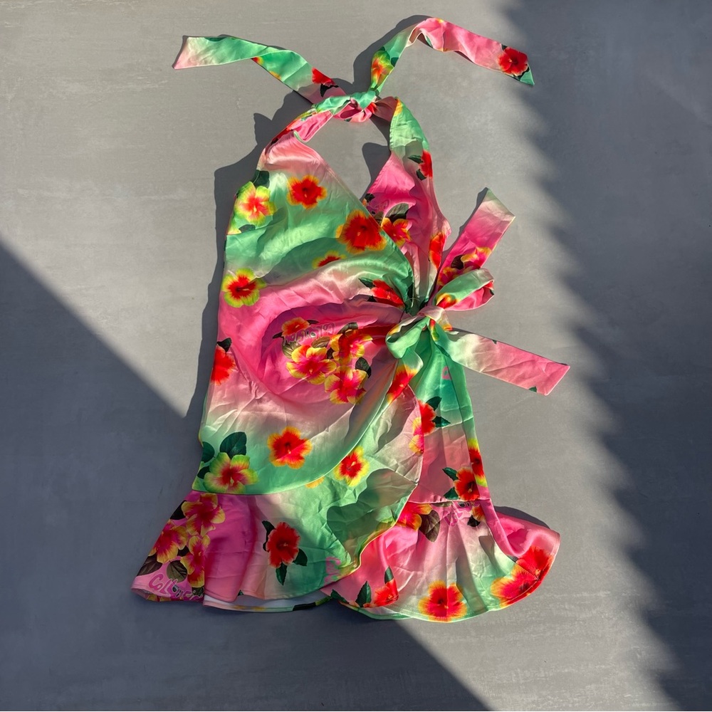 Collusion Floral Print Wrap Halter Mini Dress in Multi